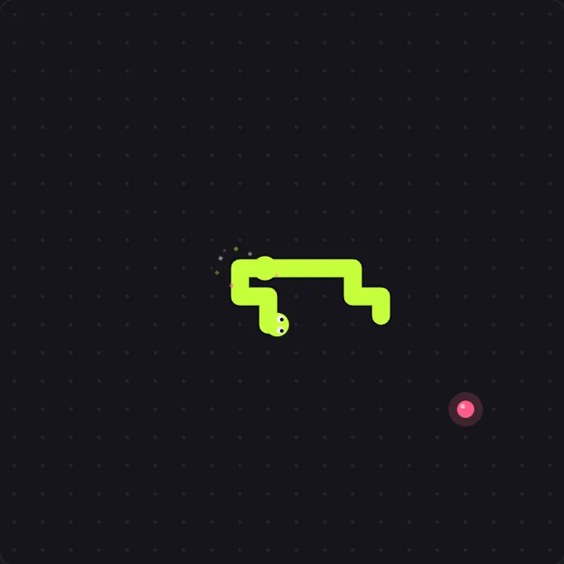 A lime-green snake gliding across a dark dotted grid toward a pink pellet
