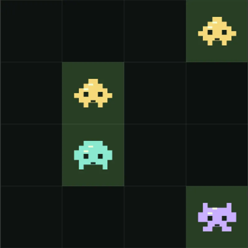 Four lanes of colorful pixel creatures, with a live target above the last tapped dimmed character