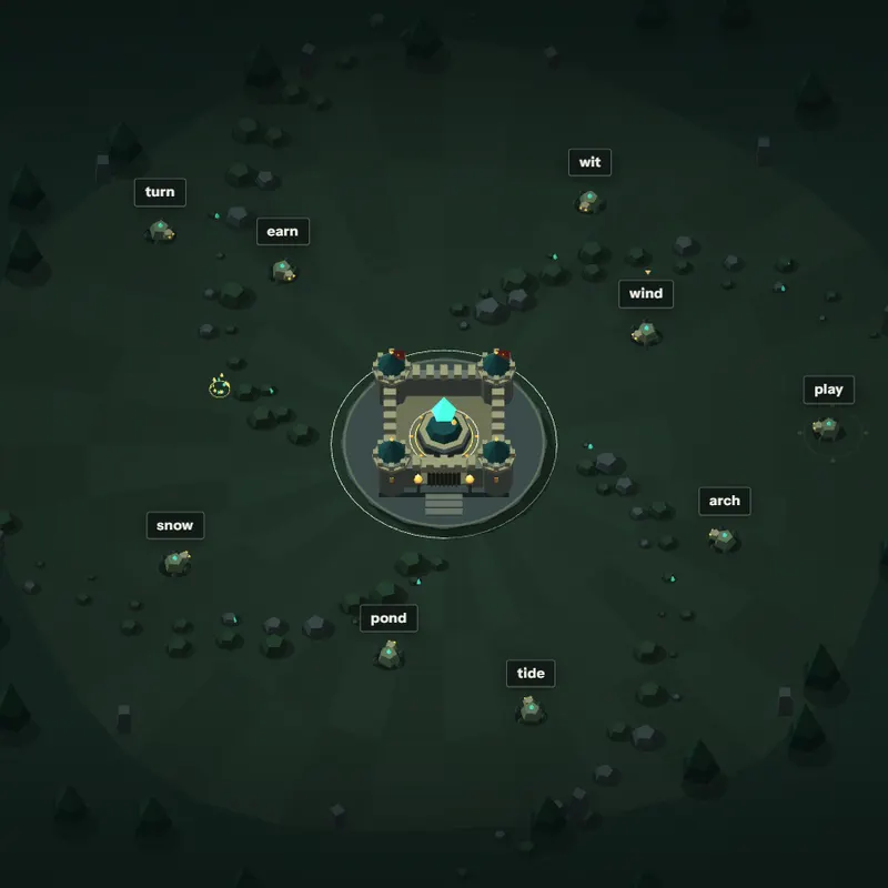 A rune-lit stone fortress surrounded by golems and crystal spirits with English word labels.